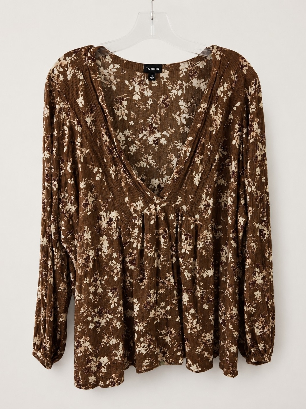 Torrid Brown Floral V-Neck Peasant Long Sleeve Top Size 4 (26/28)